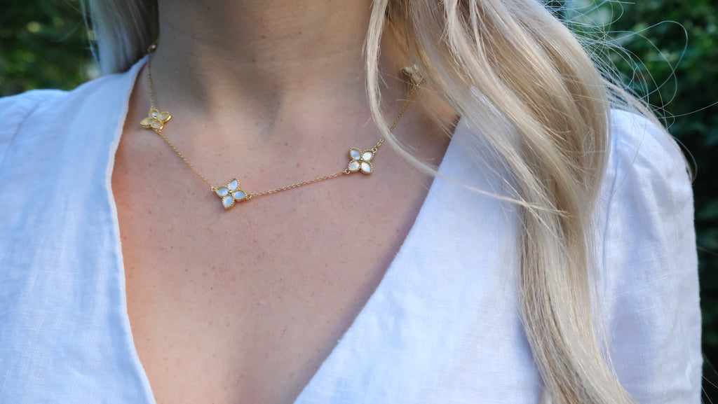 Mother of Pearl Flower Necklace, blending gold pearl necklace elegance with mother of pearl charm