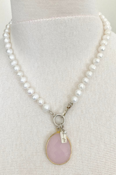 Avery Pearl Necklace Freshwater Cultured Ring Pearls with Pink Chalcedony Pendant By Pearly Girls