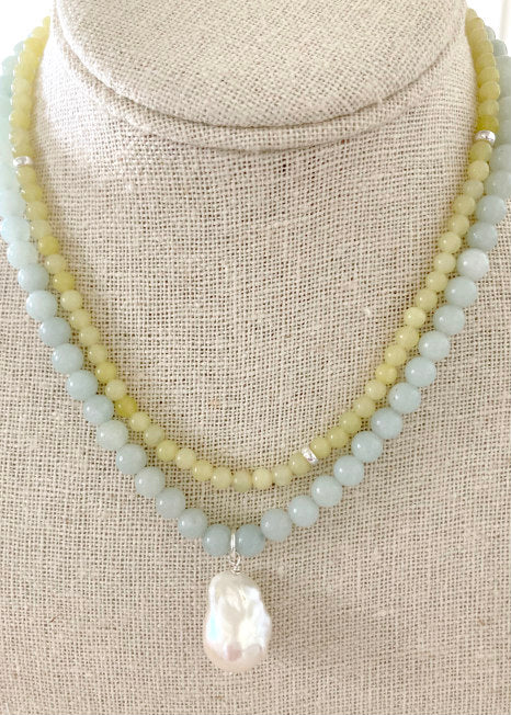 Lemon Jade Necklace by Pearly Girls, showcasing gemstone elegance with sterling silver accents. This necklace features the vibrant and refreshing hue of lemon jade beads, complemented by the sophistication of sterling silver elements, creating a bright and elegant piece.