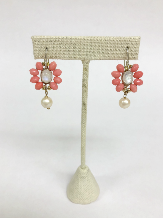 Coral Gems and Pearl Earrings by Pearly Girls, featuring moonstone accents and artisan craftsmanship. These earrings elegantly pair the warm tones of coral gems with the lustrous touch of pearls, enhanced by the mystical shimmer of moonstone, reflecting skilled artisanship and unique design.