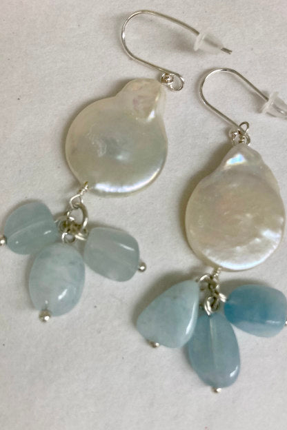Coin pearl and blue gemstone dangles