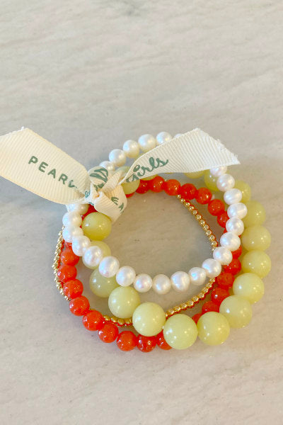 Orange Agate and Pearl Bracelet Bundle by Pearly Girls, featuring lemon jade and gold-filled accents. This bundle pairs the warm, earthy tones of orange agate with the classic elegance of pearls, enhanced by the bright touch of lemon jade and the luxury of gold-filled details, creating a vibrant and sophisticated collection.